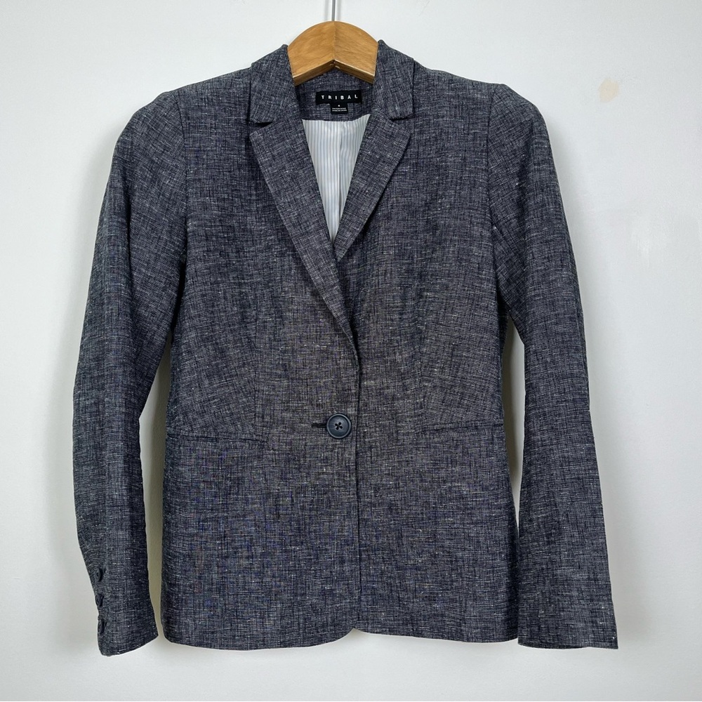 Tribal Women's‎ Blue Grey Linen and Cotton Blend Blazer Size 4 Coastal Grandma